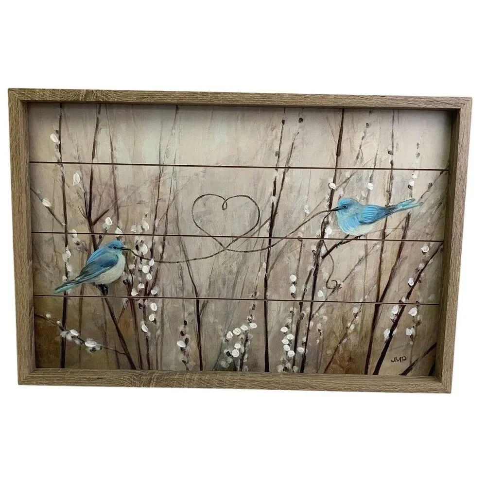 Double Bluebird Tree Branch Heart Pussywillow Wood Tray Hanging Wall Art